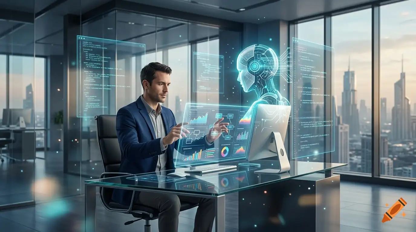 A man in a high-rise office works at a glass desk alongside a holographic AI assistant and floating data panels.